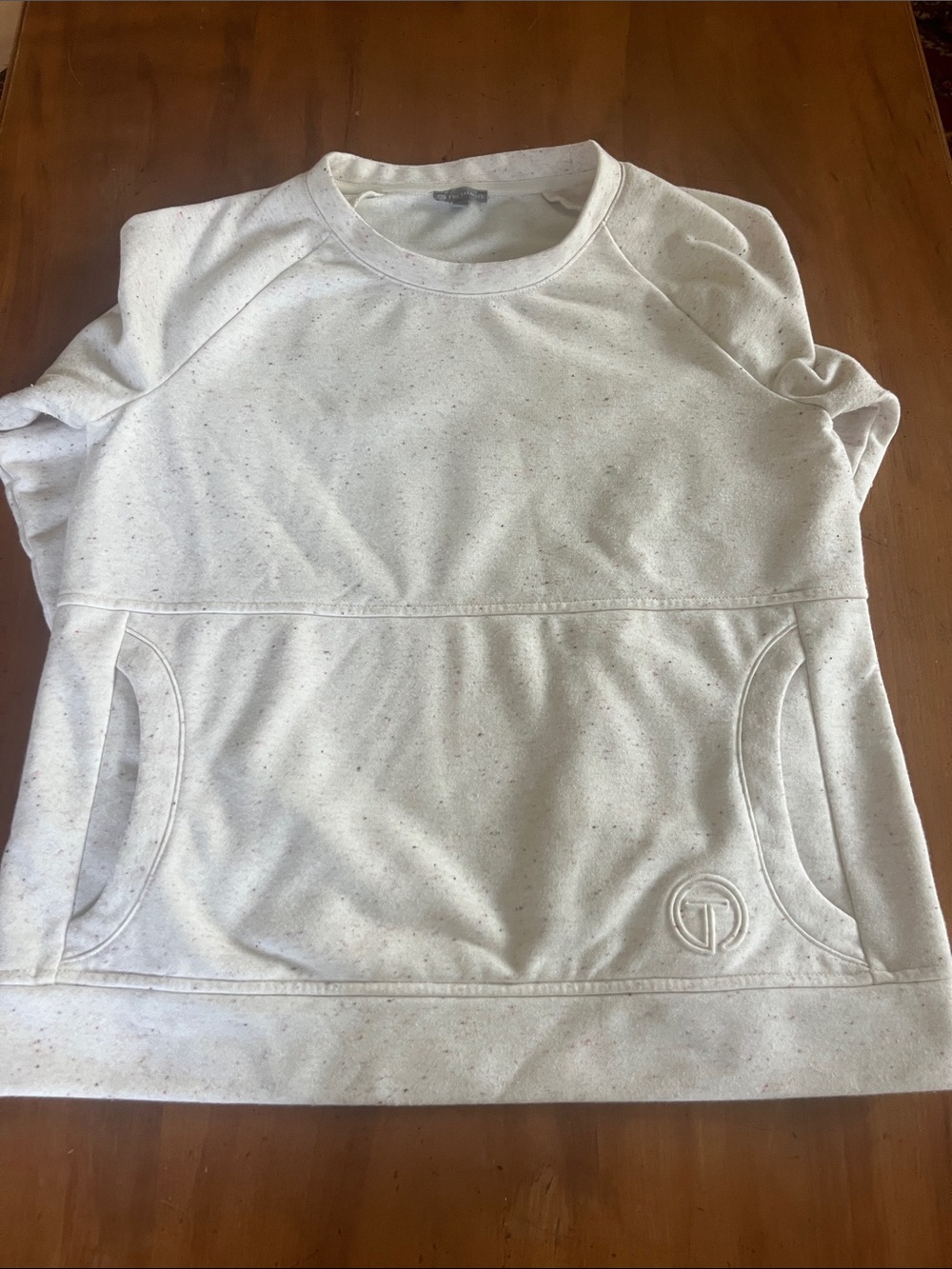 T by Talbots Cream Speckled Pullover Sweatshirt with Front Pocket